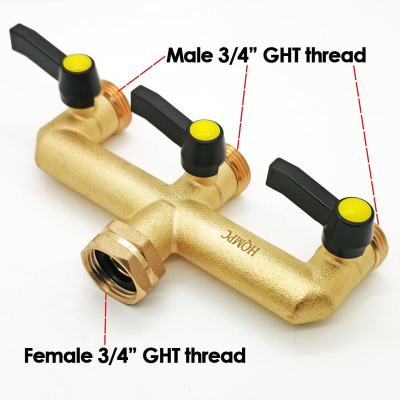 HQMPC Hose Splitter Garden Hose 3 Way Valve Hose Splitter Brass Hose Splitter With Solid Long Handle Brass Valve Water Waer Hose Spigot Splitter 3 Way Valve 3/4"" GHT Thread - Image 3